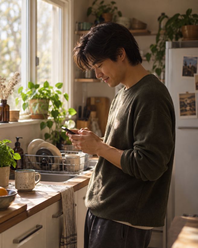 キッチンでスマートフォンから問い合わせを送る男性