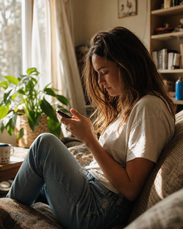自宅でスマートフォンで価格を確認する女性